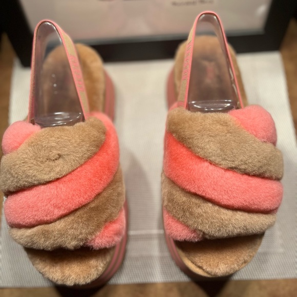 UGG NIB AUTHENTIC DISCO STRIPE CHESTNUT/PINK ROSE COMBO SLIDE SLIPPERS. - Picture 1 of 16